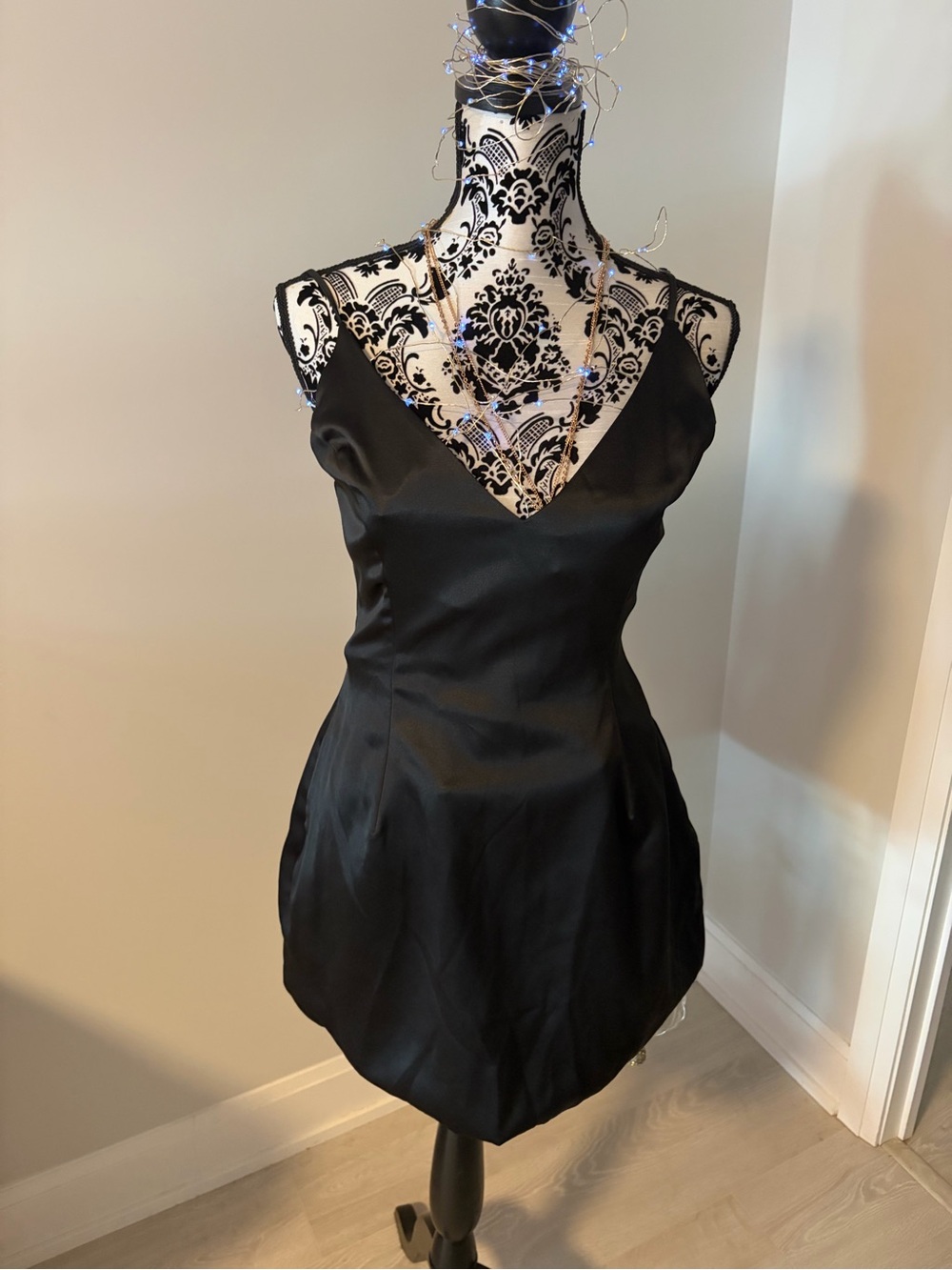 Black Satin Selena Gomez V-Neck Slip Dress
